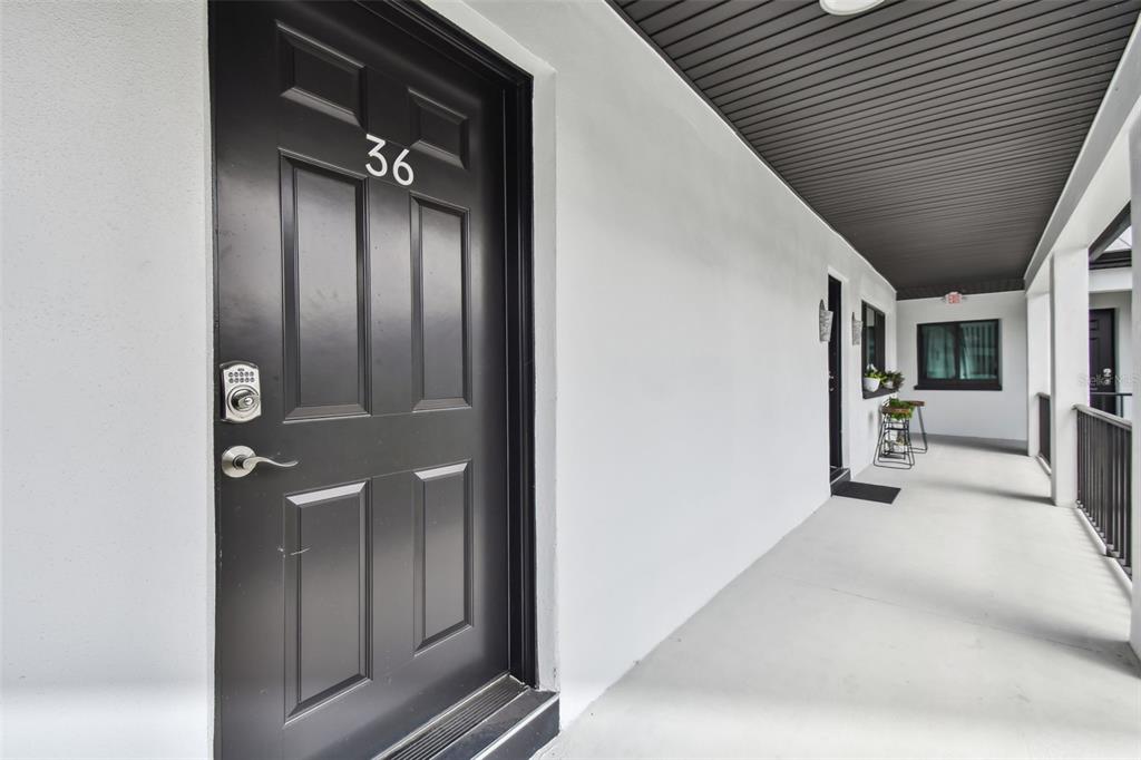 A black front door with the number 36 is located on an outdoor apartment walkway — 2942 W BAY DRIVE UNIT 16, BELLEAIR BLUFFS, FL