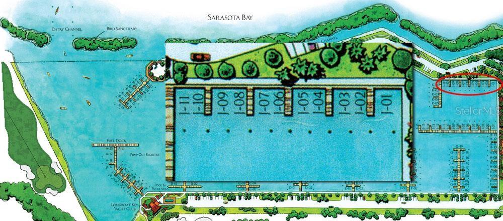 This is a map showing the layout of boat slips at a marina — 2600 HARBOURSIDE DRIVE UNIT J-04, LONGBOAT KEY, FL