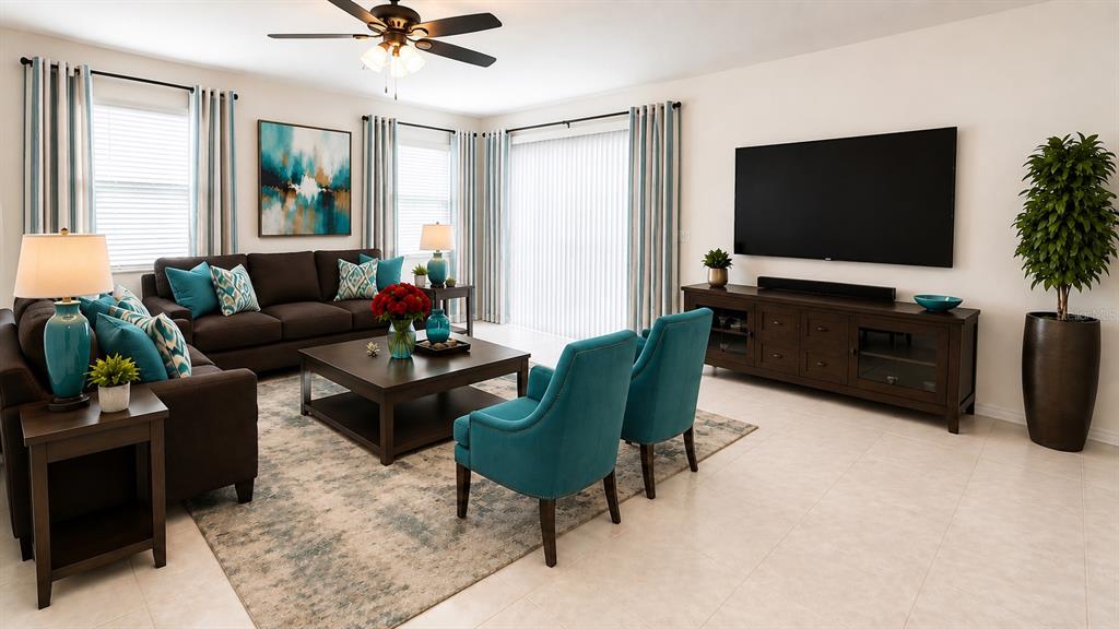 A living room features a brown sofa, two teal armchairs, a television, and tile flooring — 2636 SEDGE GRASS WAY, ORLANDO, FL