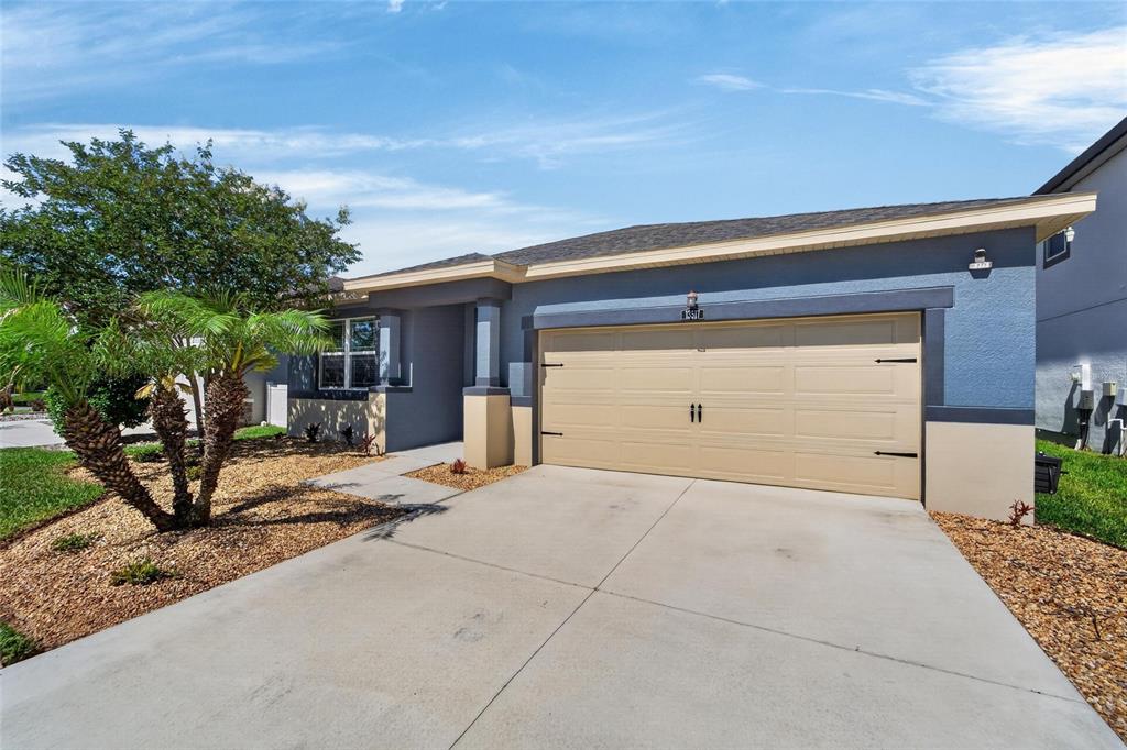 A single-story house with a blue stucco exterior, a tan garage door, and a palm tree — 13517 TEXAS SAGE PLACE, RIVERVIEW, FL
