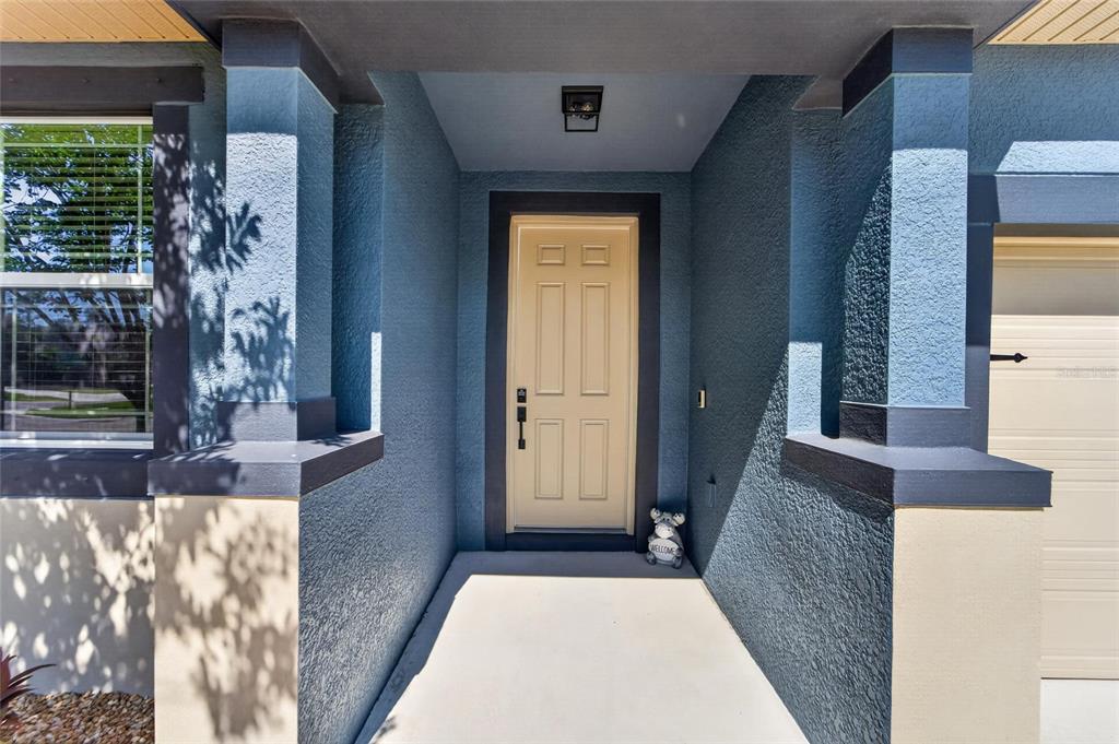 A covered entryway features a light-colored front door, blue stucco walls, and two square columns — 13517 TEXAS SAGE PLACE, RIVERVIEW, FL