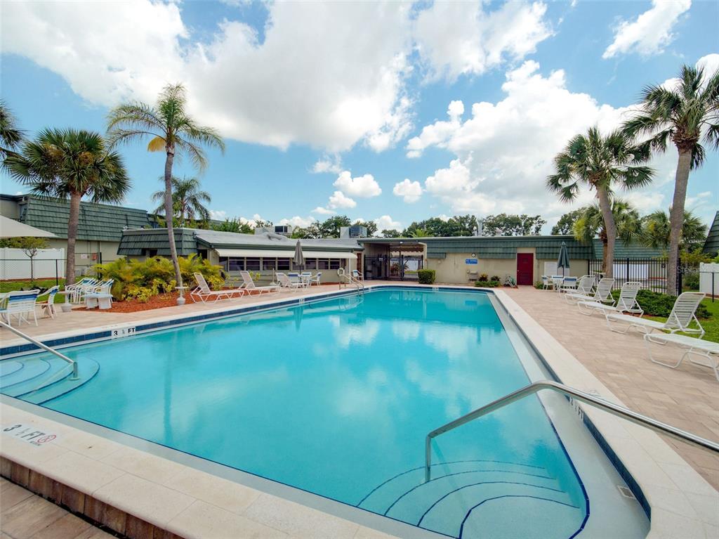 A rectangular outdoor swimming pool is surrounded by lounge chairs and palm trees — 1799 N HIGHLAND AVENUE UNIT 114, CLEARWATER, FL
