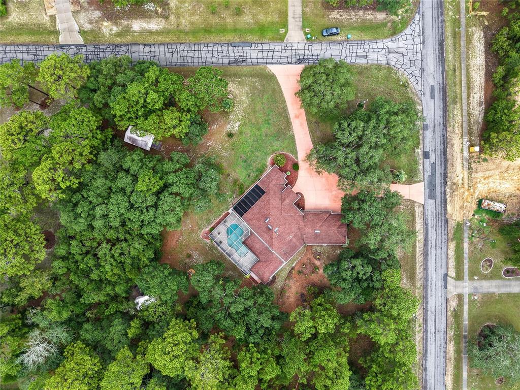 An aerial view shows a house with a pool and driveway surrounded by dense trees — 2155 W FIR PLACE, BEVERLY HILLS, FL