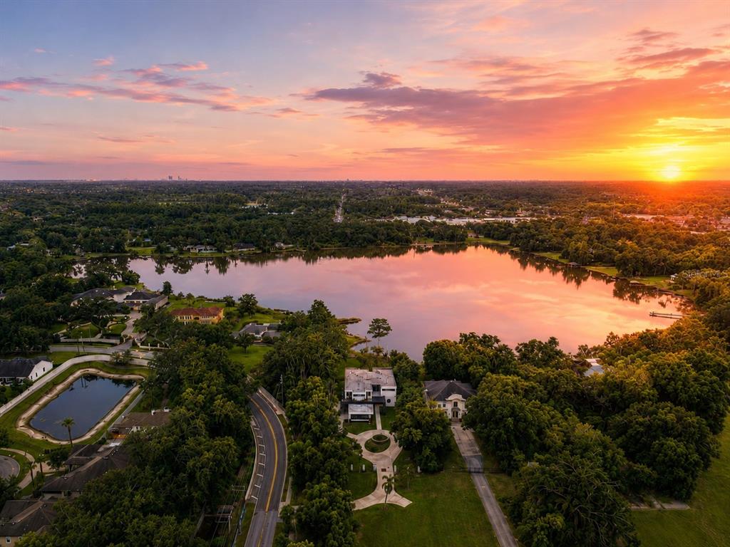 A great blue heron stands on a grassy bank overlooking a lake at sunset — 3330 EHRLICH ROAD, TAMPA, FL