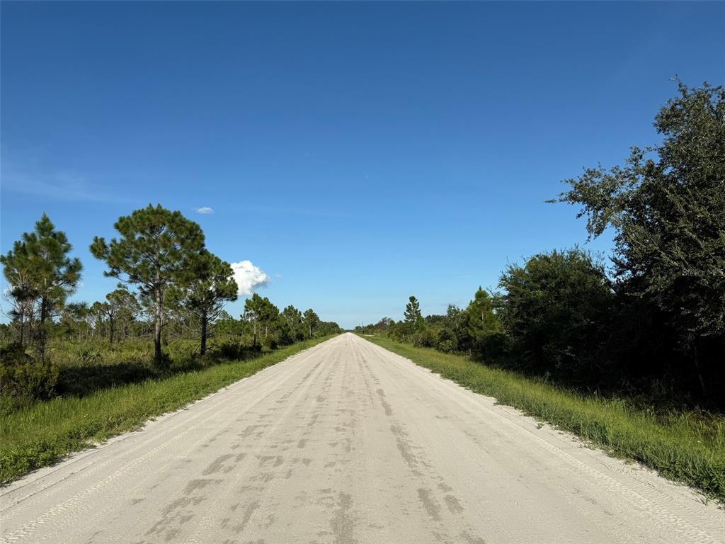A long, straight dirt road stretches through a rural landscape with trees under a blue sky — 113 LIBERTY TERRACE, LABELLE, FL