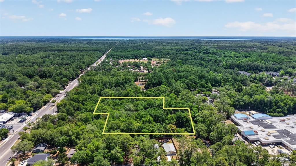 An aerial view shows a rectangular plot of land outlined in yellow amidst dense trees — TBD SE 2ND AVENUE, GAINESVILLE, FL