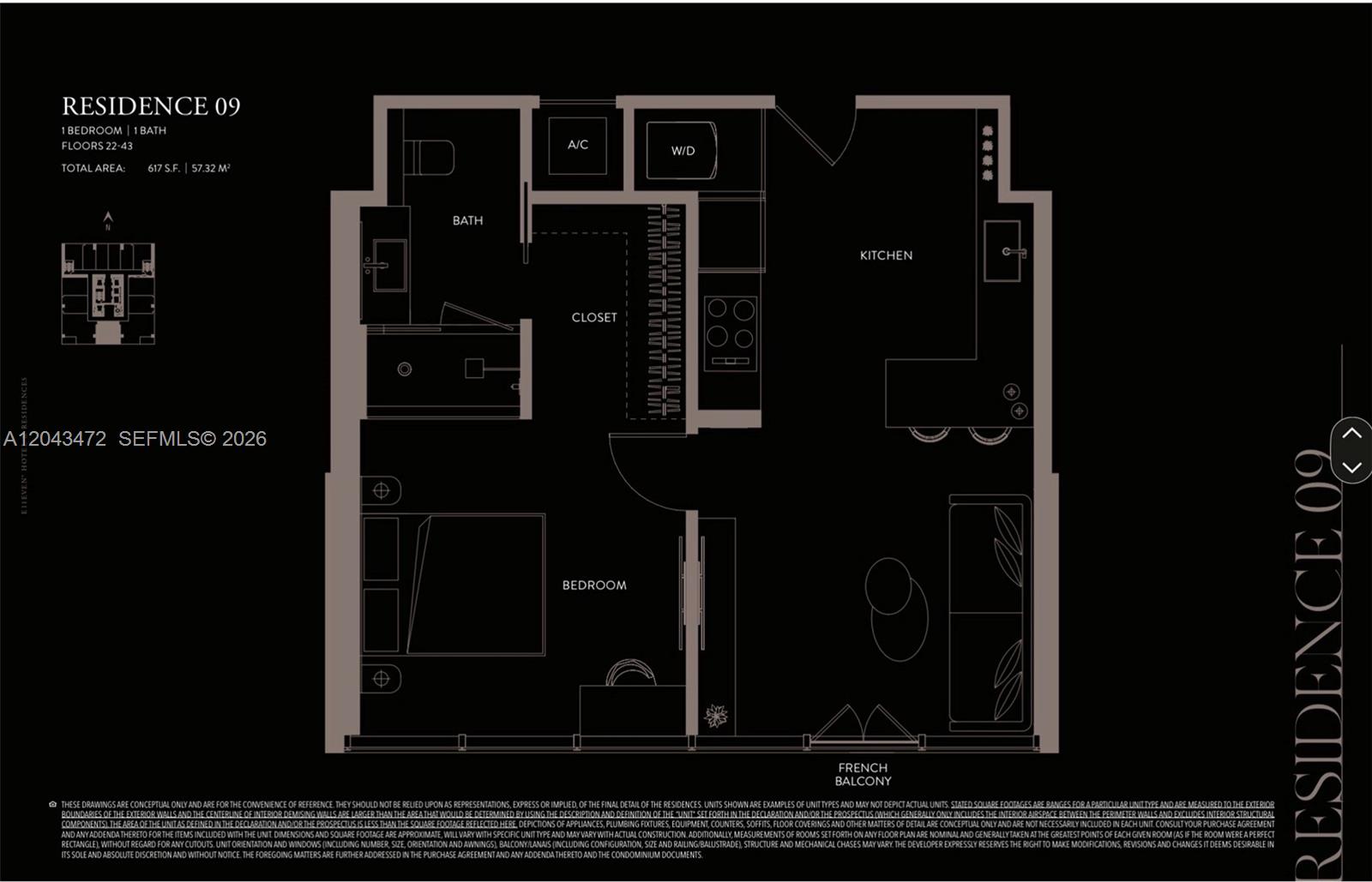 This floor plan shows a one-bedroom, one-bathroom apartment layout with a kitchen and French balcony — 20 NE 11th St # 2409, Miami FL 33132, MIAMI, FL