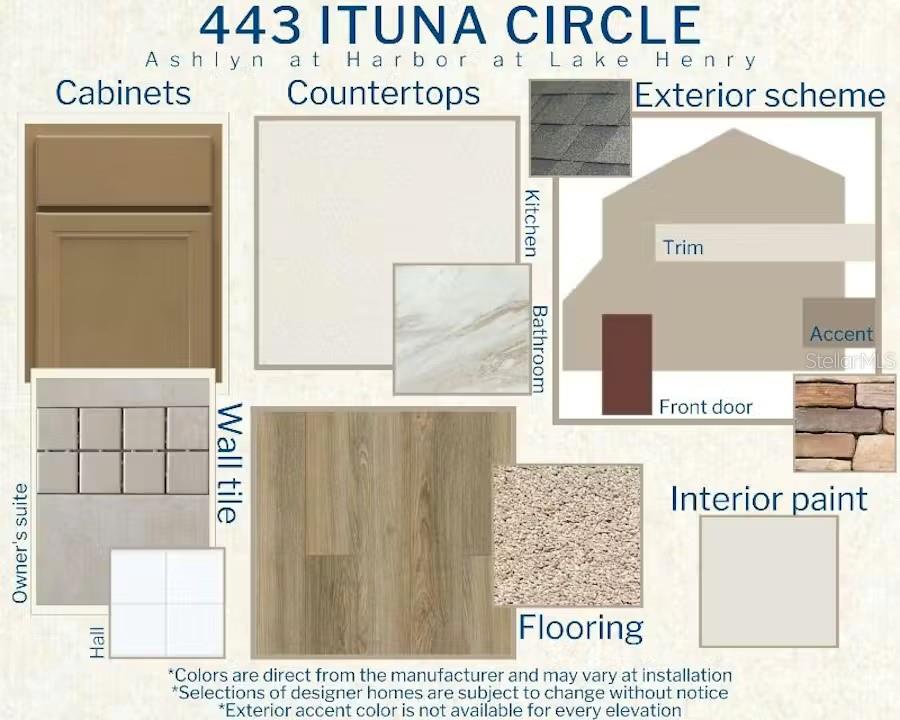 This design board displays material and color selections for a home's interior and exterior finishes — 443 ITUNA CIRCLE, WINTER HAVEN, FL