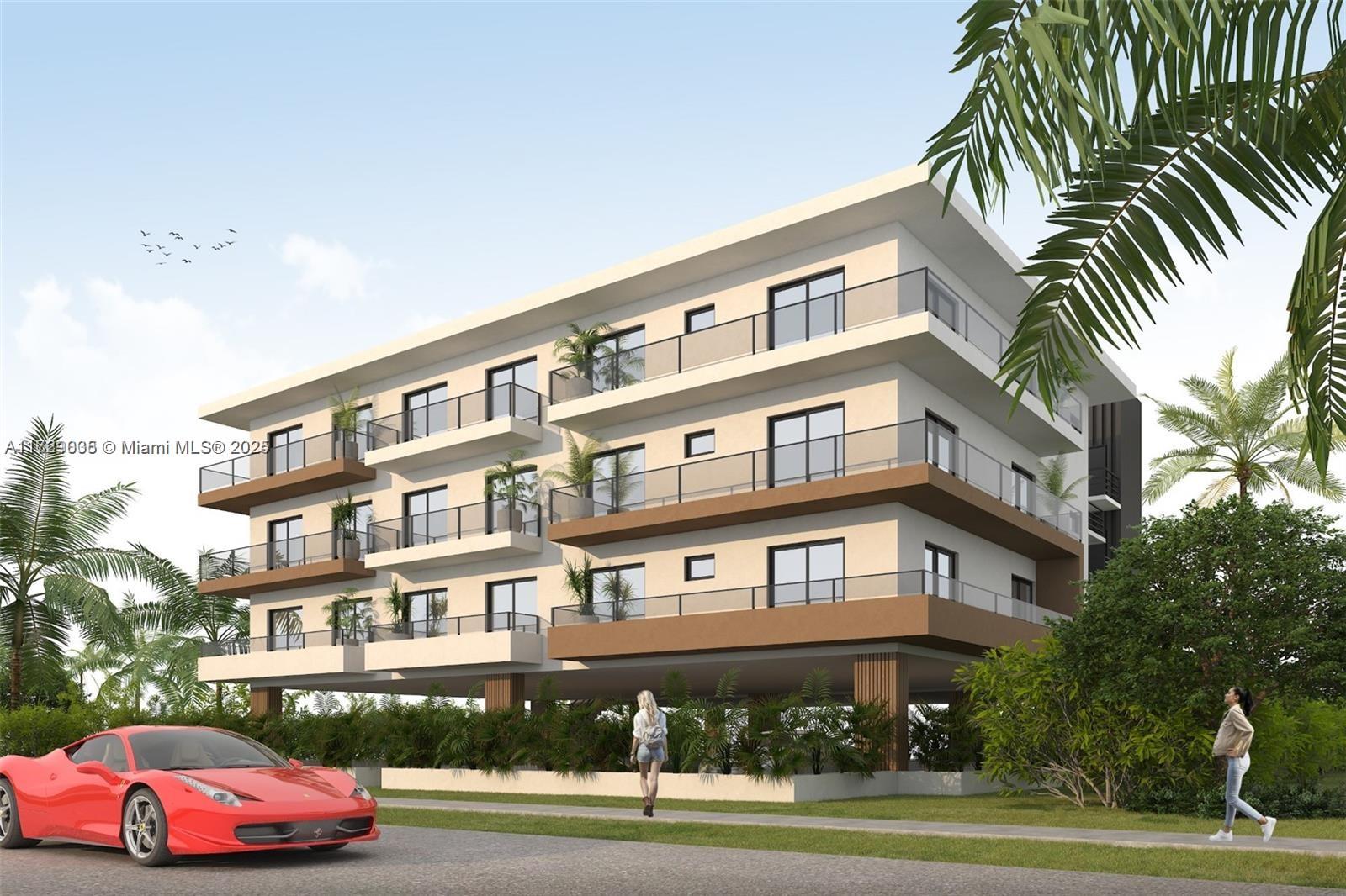 This is a rendering of a modern multi-story apartment building with balconies and a red car — 1928 Mckinley St, Hollywood FL 33020, HOLLYWOOD, FL