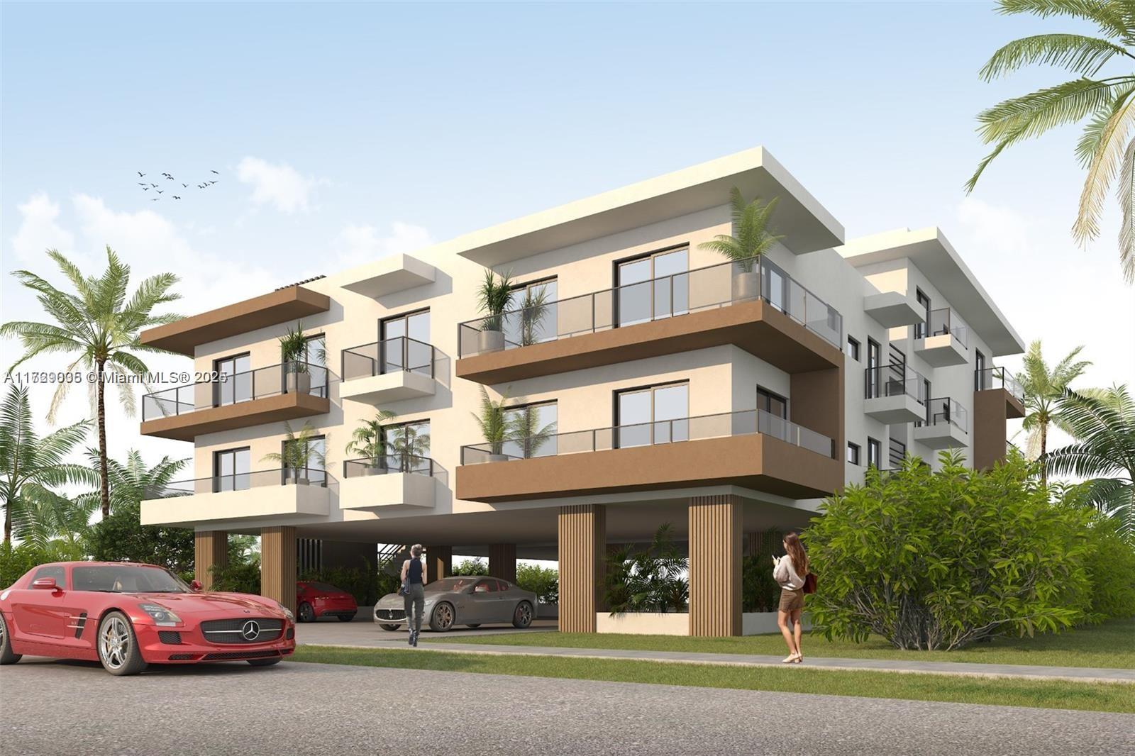 This is a digital rendering of a modern three-story apartment building with ground-level parking — 1928 Mckinley St, Hollywood FL 33020, HOLLYWOOD, FL