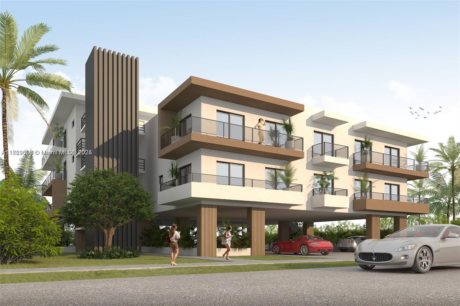 This is a digital rendering of a modern multi-story apartment building with covered parking — 1928 Mckinley St, Hollywood FL 33020, HOLLYWOOD, FL