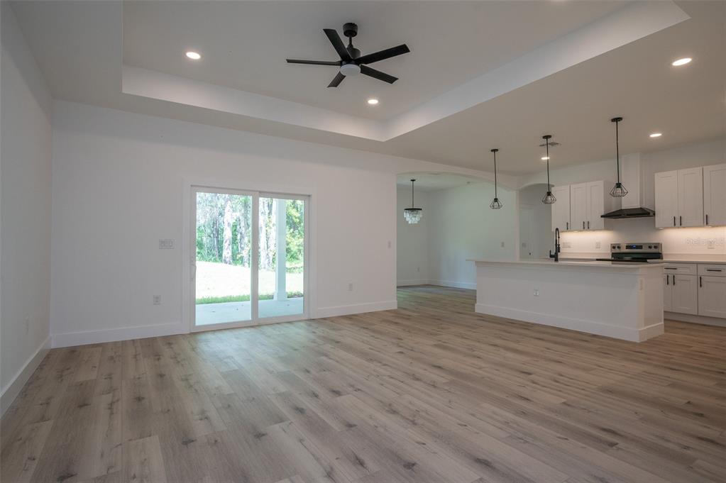 An open-concept living area features light wood flooring, a tray ceiling, and a modern kitchen — 832 NW 5TH STREET, MICANOPY, FL