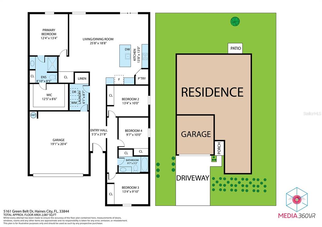 This is a floor plan and site map for a single-story residential property — 5161 GREEN BELT DRIVE, HAINES CITY, FL