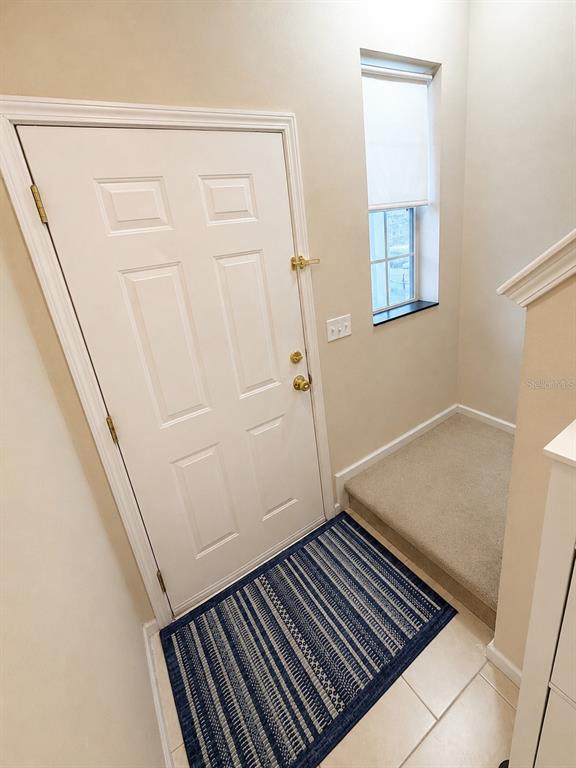 An entryway features a white door, a small window with a shade, and carpeted stairs — 66 MOULTRIE VILLAGE LANE, ST AUGUSTINE, FL