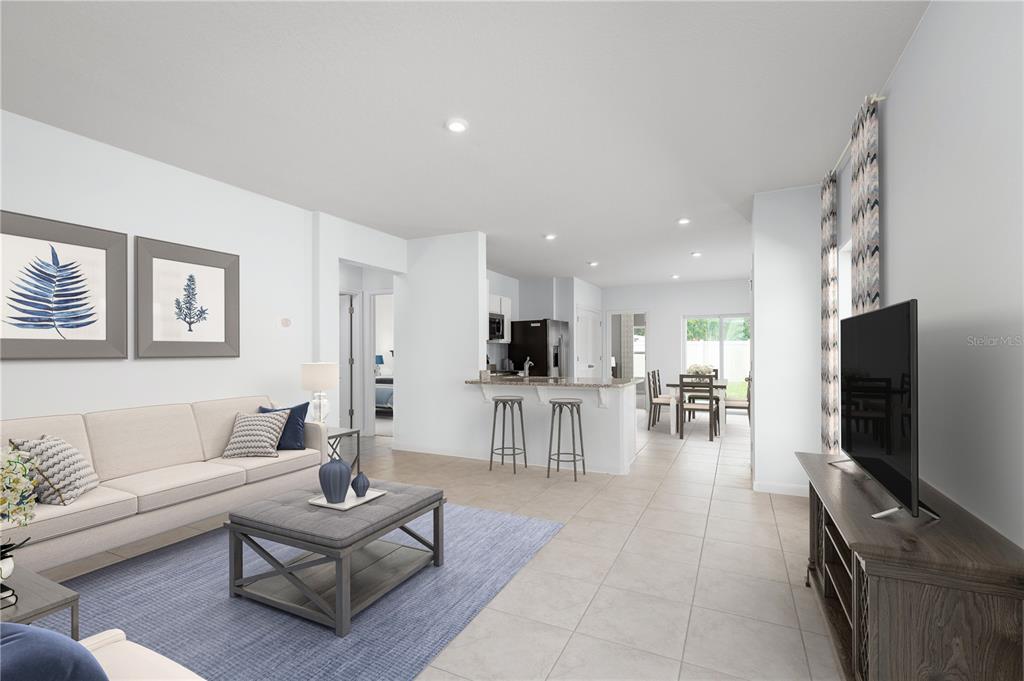 This digital rendering shows an open-concept living room and kitchen with tile flooring — 6932 SUNDIAL DRIVE, LAKELAND, FL