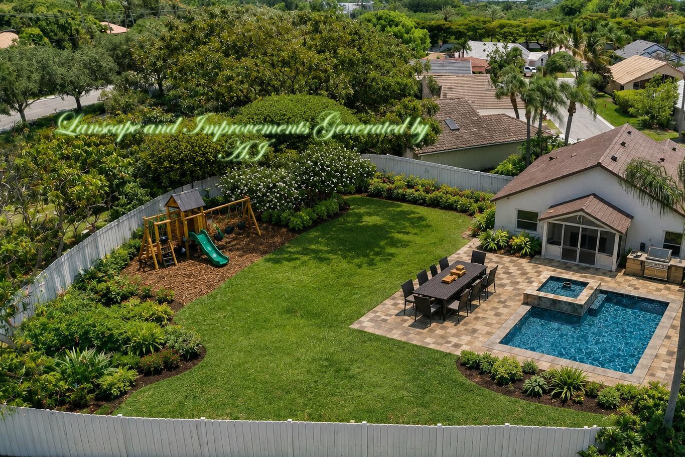 An aerial view of a backyard featuring a swimming pool, patio, and wooden playset — 7550 Ironbridge Circle, Delray Beach FL 33446, DELRAY BEACH, FL