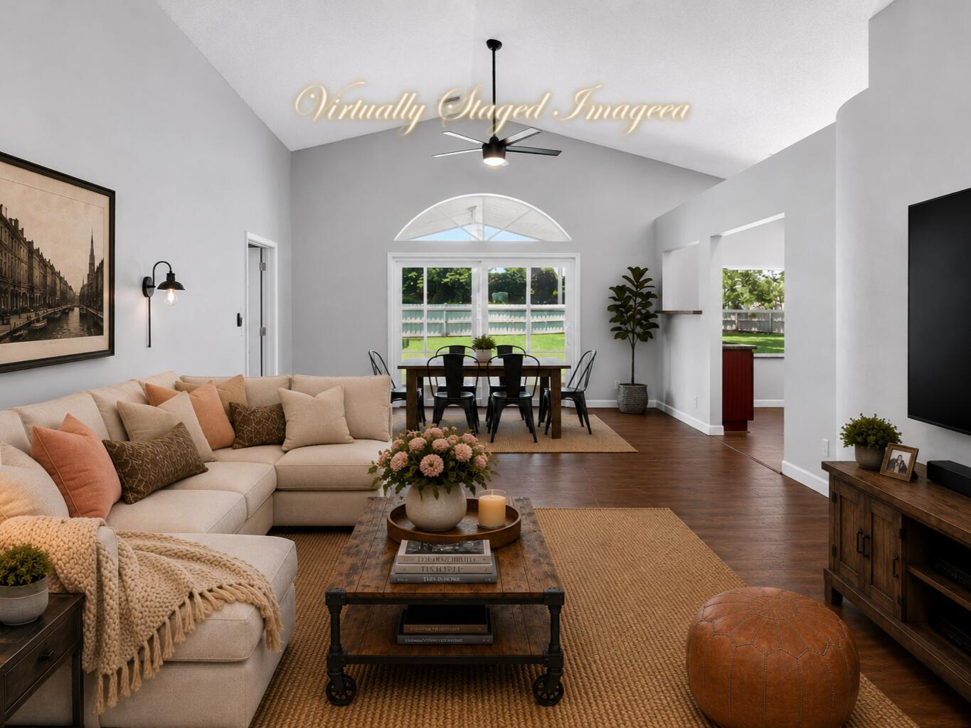 This is a virtually staged living and dining room with vaulted ceilings and hardwood floors — 7550 Ironbridge Circle, Delray Beach FL 33446, DELRAY BEACH, FL