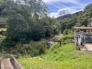 A small stream flows through a lush, green landscape next to a residential property — Sector Titulo V BO. YAHUECAS, ADJUNTAS, PR
