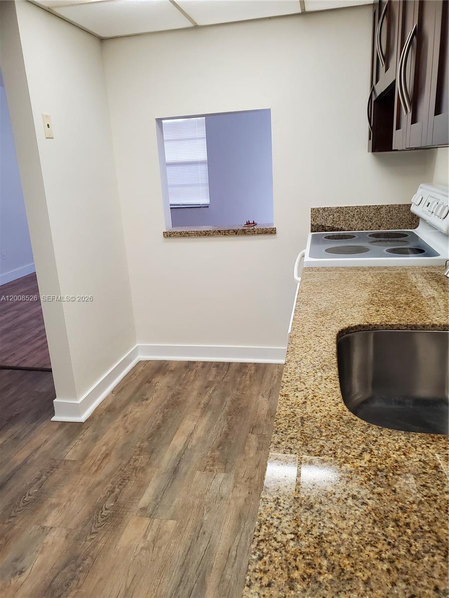 A kitchen features wood-look flooring, granite countertops, a stainless steel sink, and a pass-through window — 1230 NE 139th St # 409, North Miami FL 33161, NORTH MIAMI, FL