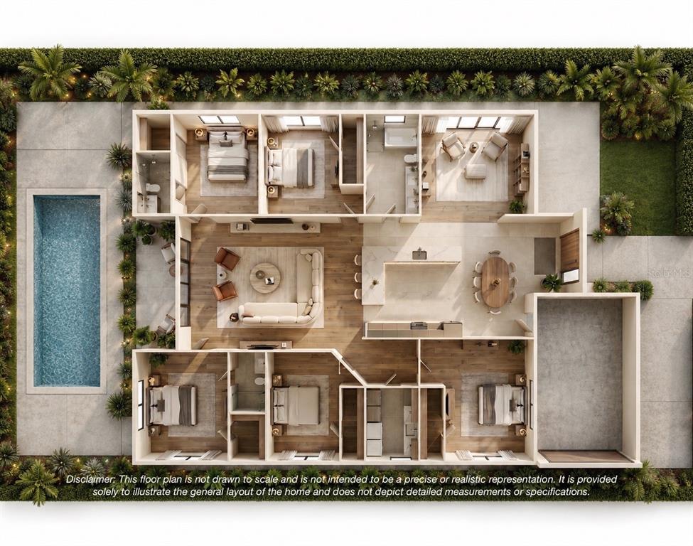 This is a 3D floor plan rendering of a single-story house with a private pool — 258 SUNSET VIEW DRIVE, DAVENPORT, FL