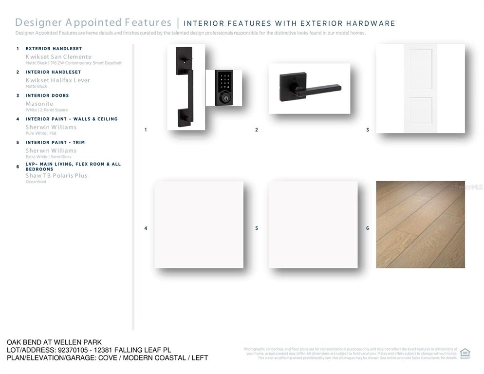 This image displays a selection of interior finishes, including door hardware, doors, paint colors, and flooring — 12381 FALLING LEAF PLACE, VENICE, FL