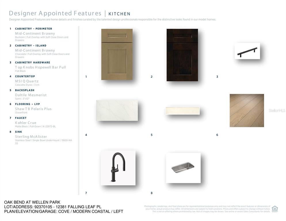This image displays a kitchen design board featuring cabinetry, hardware, countertop, backsplash, flooring, and fixtures — 12381 FALLING LEAF PLACE, VENICE, FL