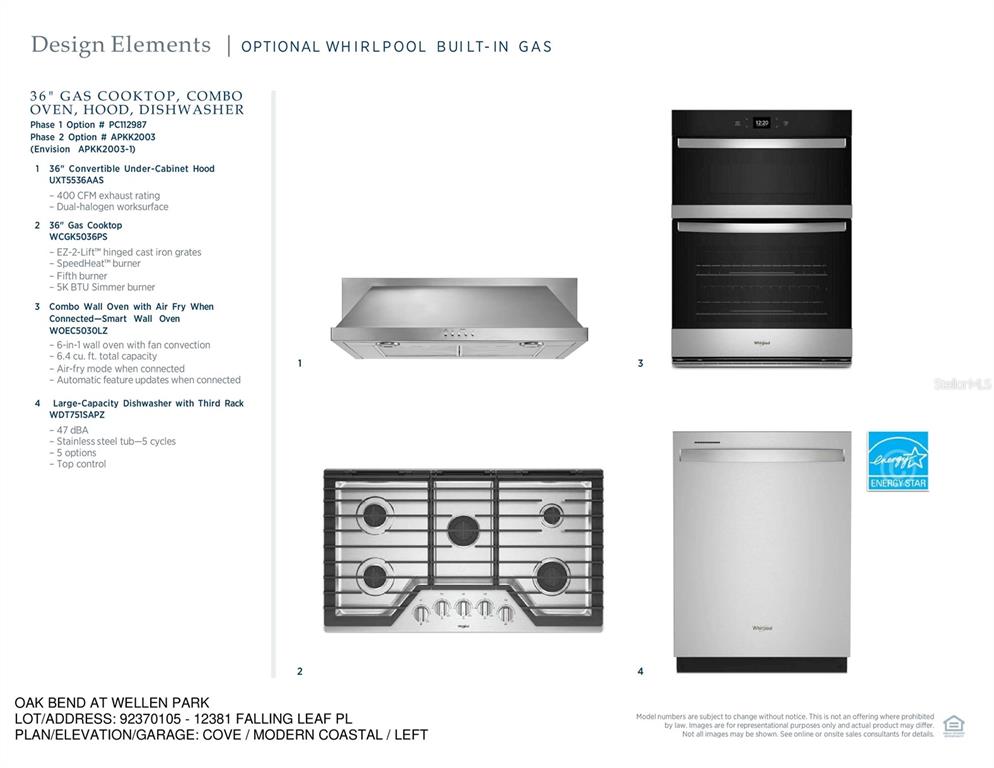 This image is a product specification sheet for a Whirlpool kitchen appliance package — 12381 FALLING LEAF PLACE, VENICE, FL