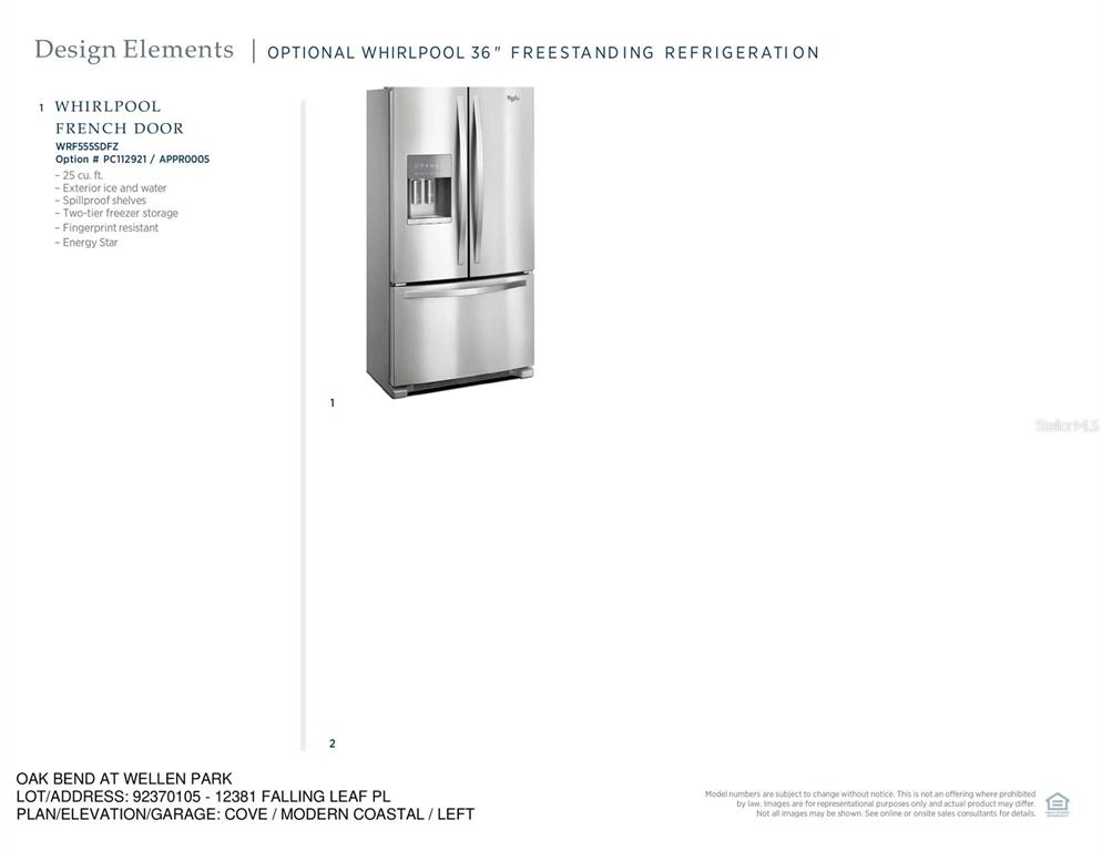 This image shows a product specification sheet for a stainless steel Whirlpool French door refrigerator — 12381 FALLING LEAF PLACE, VENICE, FL