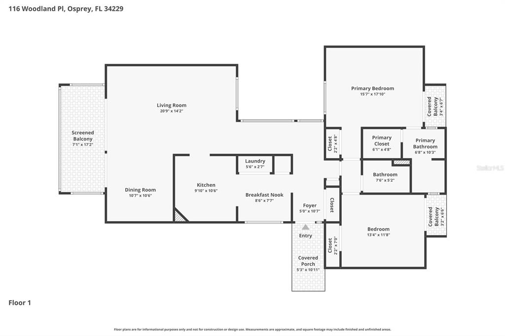 This is a floor plan for a residential unit featuring two bedrooms and two bathrooms — 116 WOODLAND PLACE UNIT 116, OSPREY, FL