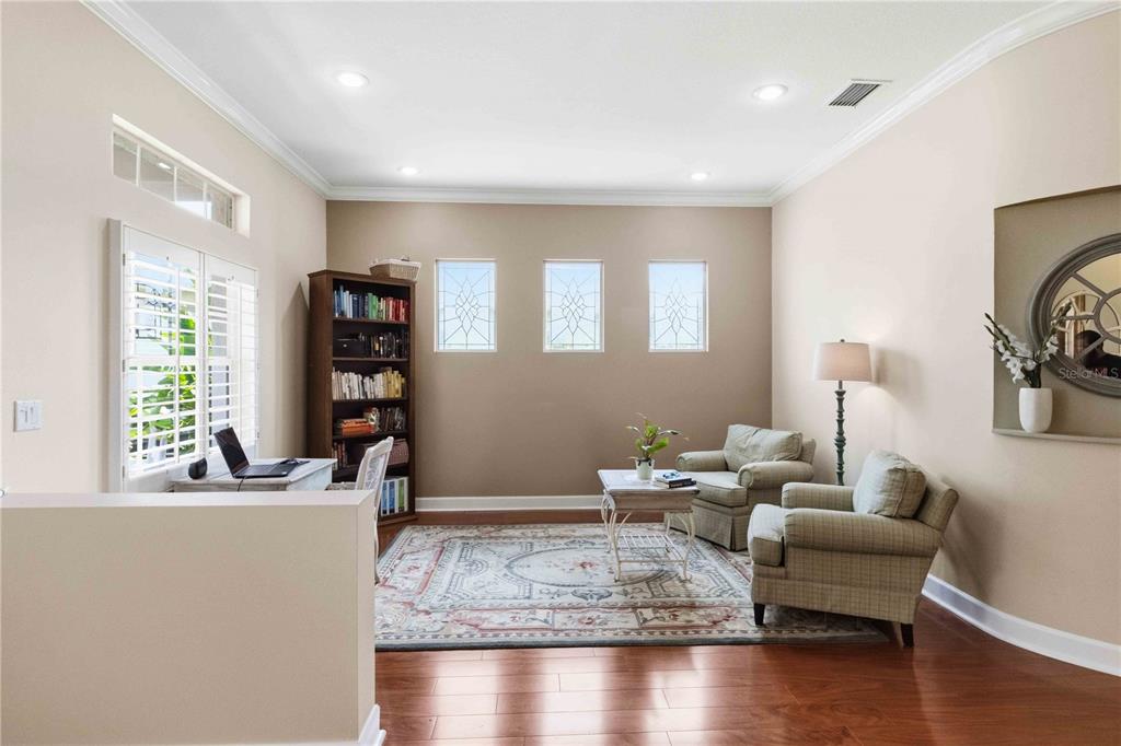 A home office features a desk, bookshelf, two armchairs, and a patterned area rug — 16817 HARRIERRIDGE PLACE, LITHIA, FL