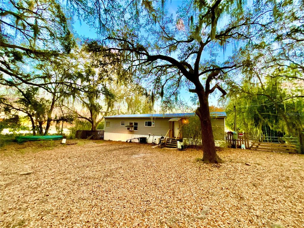 A single-story manufactured home sits on a leaf-covered lot beneath large, moss-draped oak trees — 1837 STATE ROAD 20, HAWTHORNE, FL