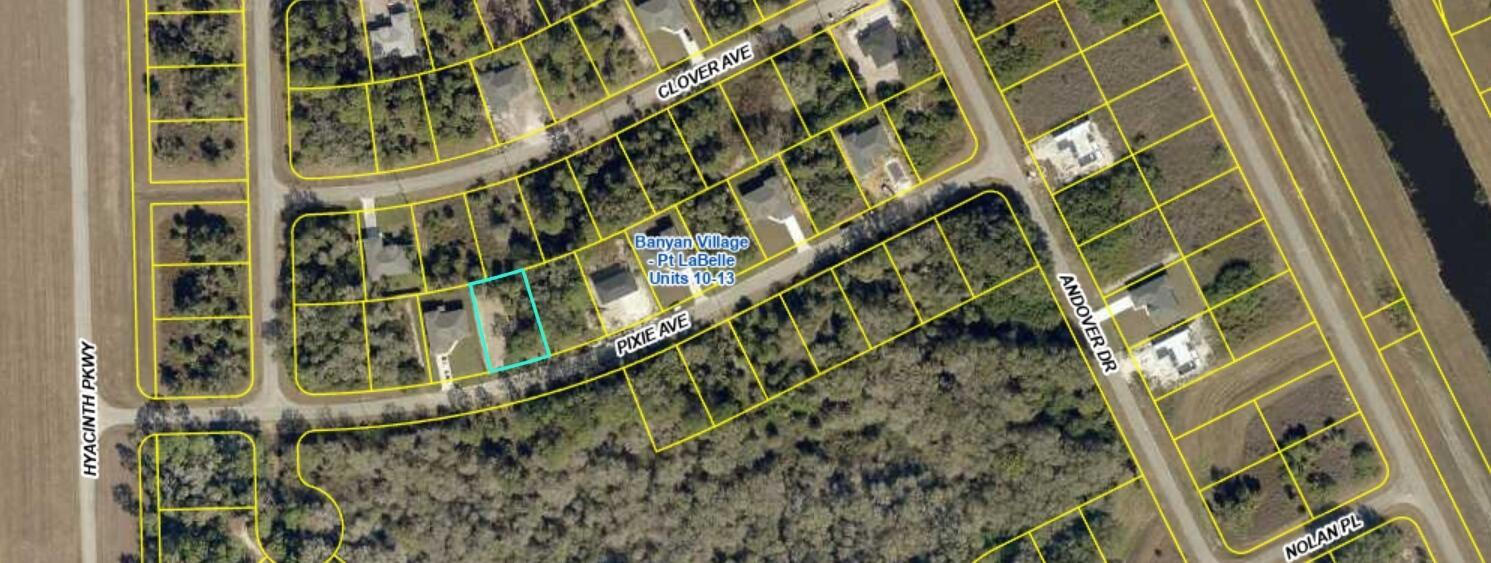 This is an aerial map showing a residential lot highlighted in blue on Pixie Avenue — 106 Pixie Avenue, FL 33935, FL