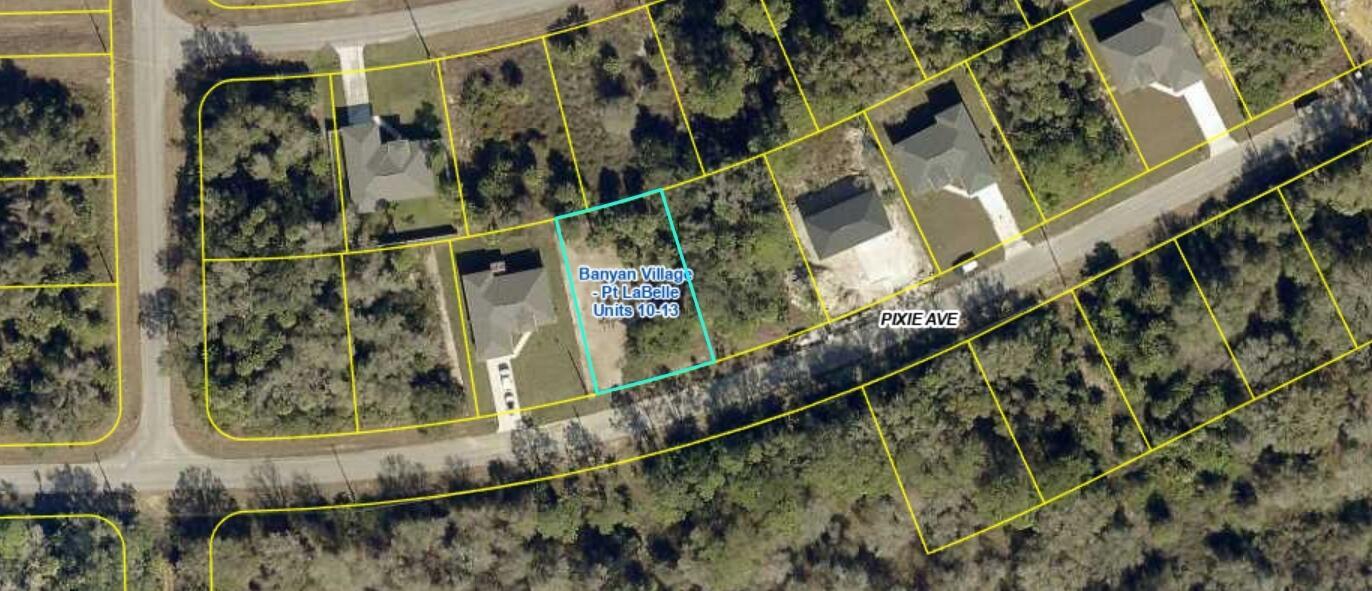 This aerial map shows a vacant residential lot outlined in blue along a paved road — 106 Pixie Avenue, FL 33935, FL