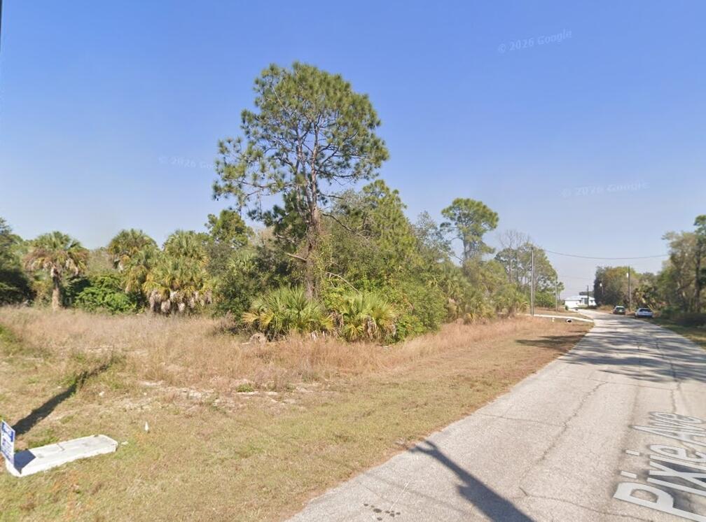 A vacant, grassy lot with trees and shrubs sits beside a paved road — 106 Pixie Avenue, FL 33935, FL