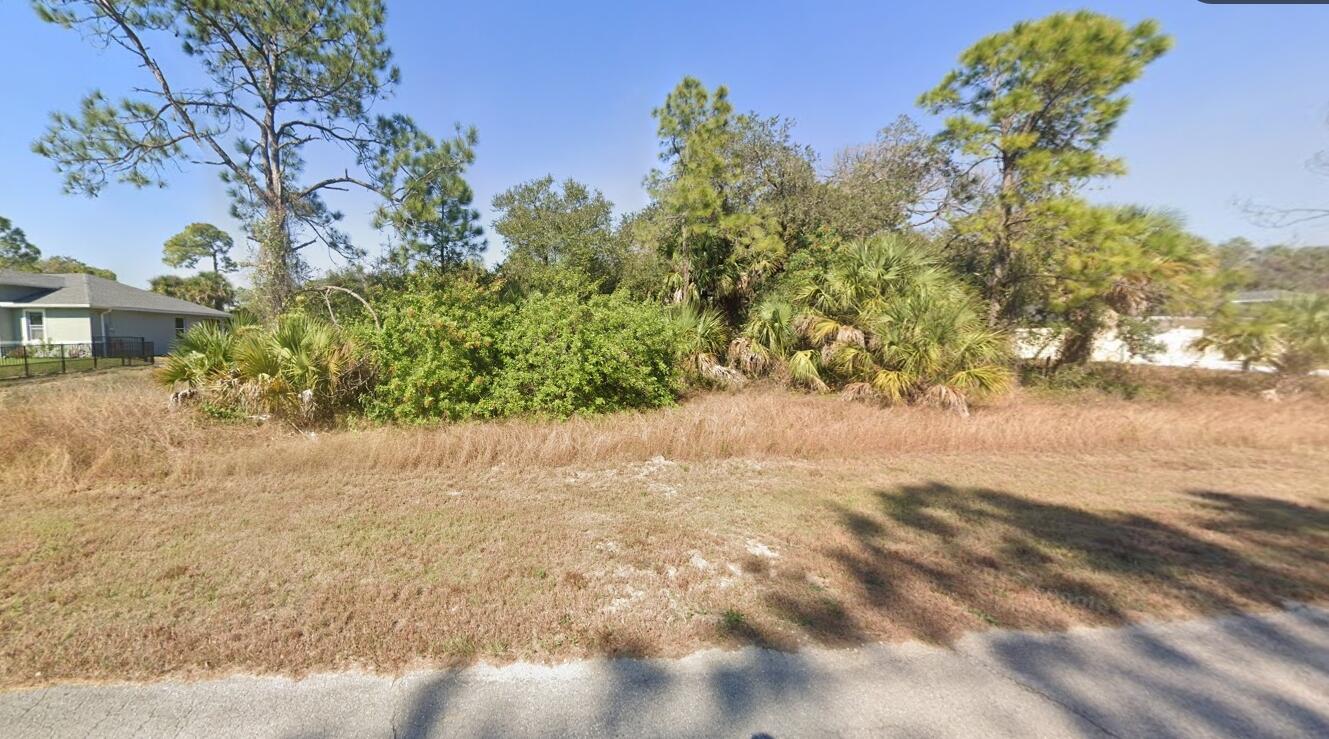 A vacant, grassy residential lot features scattered trees and shrubs next to a neighboring house — 106 Pixie Avenue, FL 33935, FL