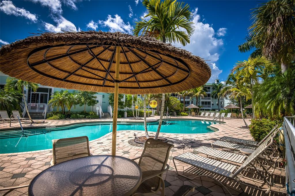 A swimming pool surrounded by lounge chairs, a patio table, and palm trees under a tiki umbrella — 5119 MELBOURNE STREET UNIT C-201, PORT CHARLOTTE, FL
