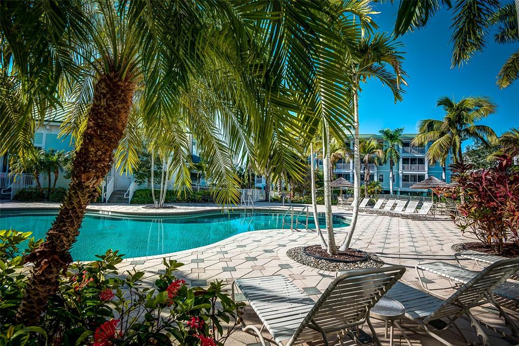 A swimming pool surrounded by a paved deck, lounge chairs, and palm trees at a resort — 5119 MELBOURNE STREET UNIT C-201, PORT CHARLOTTE, FL