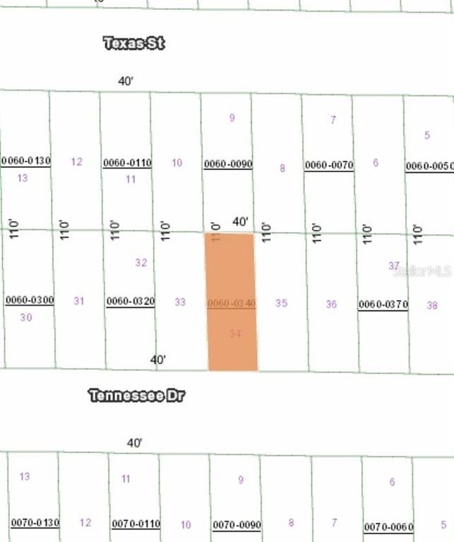 This is an aerial map showing a vacant, rectangular lot highlighted in red — 112 & 114 TENNESSEE DRIVE, HAWTHORNE, FL