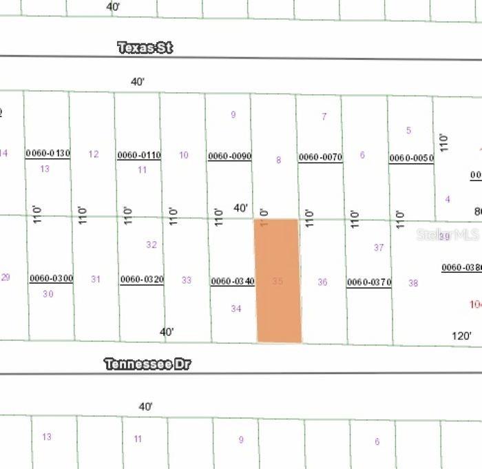This is a plat map showing a highlighted rectangular lot between Texas Street and Tennessee Drive — 112 & 114 TENNESSEE DRIVE, HAWTHORNE, FL