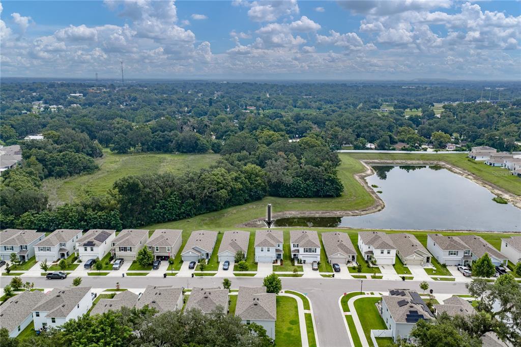 An aerial view shows a row of suburban houses situated along a pond and trees — 13648 WHISKEY DAISY DRIVE, DADE CITY, FL