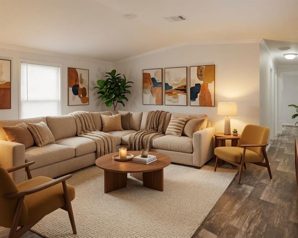 This living room features a beige sectional sofa, two yellow armchairs, and a round table — 3035 CRYSTAL HILLS DRIVE, LAKELAND, FL