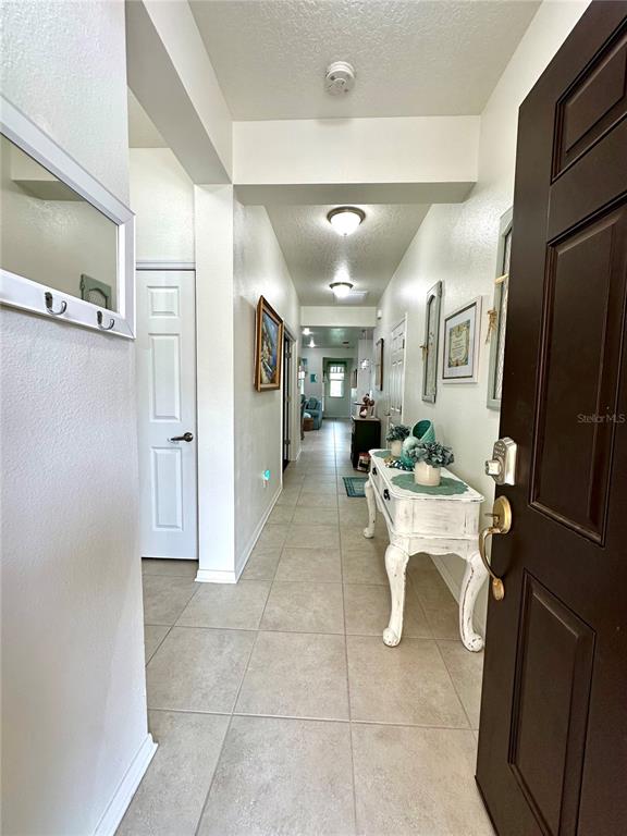 A tiled hallway leads from an open dark door past a white console table — 4247 ANGELICA LOOP, WESLEY CHAPEL, FL