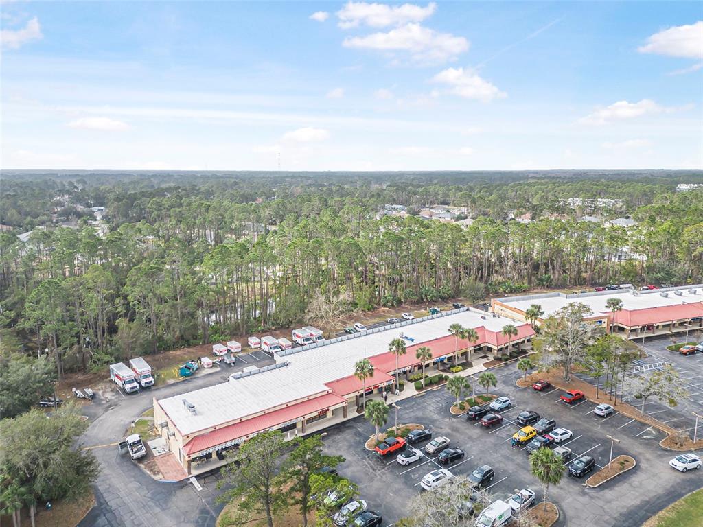 An aerial view shows a commercial strip mall with a parking lot and surrounding trees — 223 ST. JOE PLAZA, PALM COAST, FL