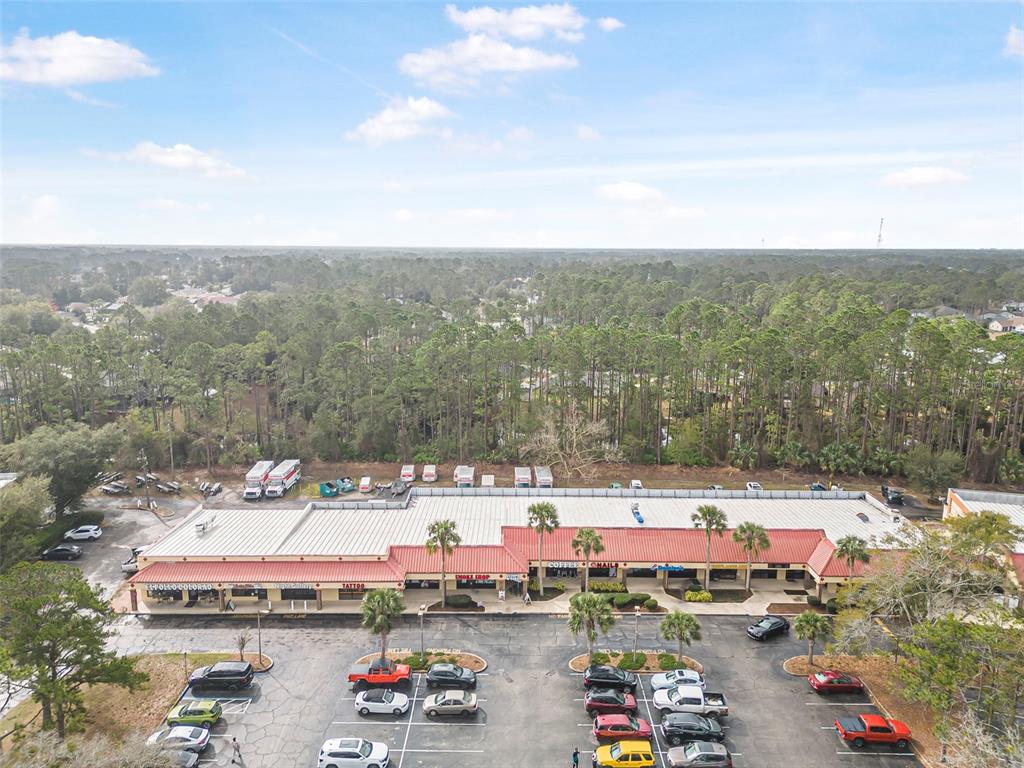 An aerial view shows a single-story commercial strip mall with a parking lot and surrounding forest — 223 ST. JOE PLAZA, PALM COAST, FL