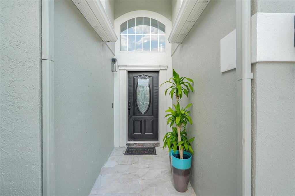 A front entryway features a black door with a glass insert and a potted plant — 2109 CARBINE COURT, KISSIMMEE, FL