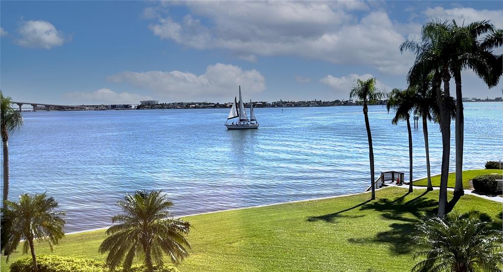 A sailboat cruises on a wide bay viewed from a grassy lawn with palm trees — 6287 BAHIA DEL MAR CIRCLE UNIT 312, ST PETERSBURG, FL