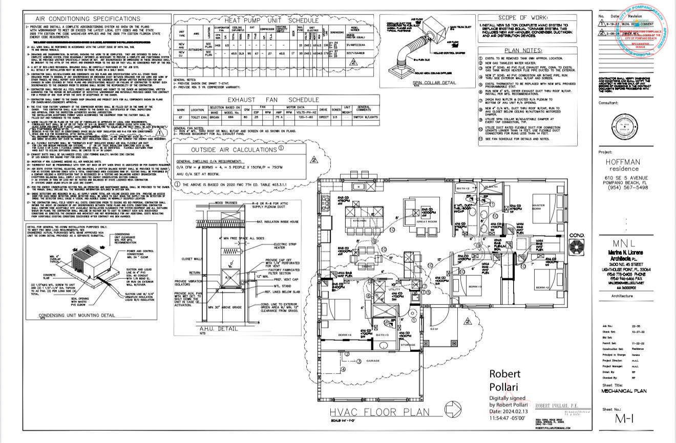 This is a mechanical floor plan for a residential HVAC system installation — 610 SE 5th Avenue, Pompano Beach FL 33060, POMPANO BEACH, FL