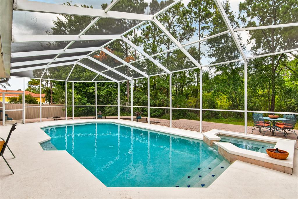 A screened-in swimming pool and spa with a patio area surrounded by trees — 6130 BRIDLEFORD DRIVE, WESLEY CHAPEL, FL