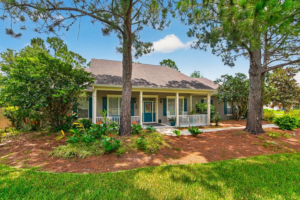 A single-story house with a covered front porch, teal door, and mature pine trees — 6130 BRIDLEFORD DRIVE, WESLEY CHAPEL, FL