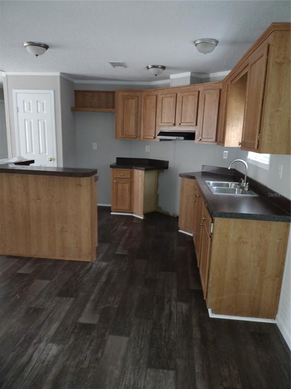 A kitchen with wood cabinets, dark countertops, and dark wood-look flooring — 13144 SW 18TH STREET ROAD, OCALA, FL